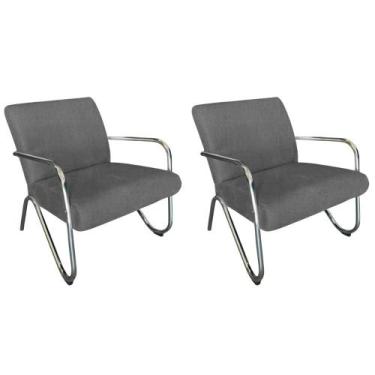 Imagem de Kit 2 Poltronas Decorativa Bela Linho Cinza Braço Cromado - Mansão Dec