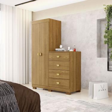 Imagem de Cômoda Guarda-Roupa Cristal 2 Portas 4 Gavetas Marrom
