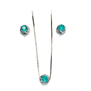 Imagem de Conjunto colar e brinco pontinho pedra sintética Turmalina Paraiba
