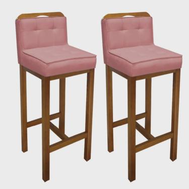 Imagem de Kit 02 Banqueta Alta Com Encosto Agnes Cozinha Balcão Bistrô Base Madeira Rústico Suede Rose Gold - Ahz Móveis