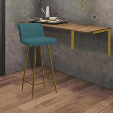 Imagem de Kit Mesa Suspensa de Parede Fixa mdf Castanho + 1 Banqueta Lexi Ferro Dourado Suede Azul Turquesa - Ahazzo Móveis