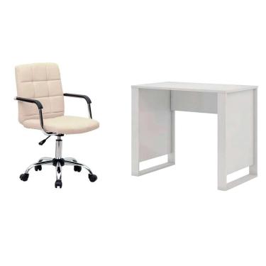 Imagem de Conjunto de Mesa Morada Branca com Cadeira de Escritório Secretária Giratória Fitz Bege