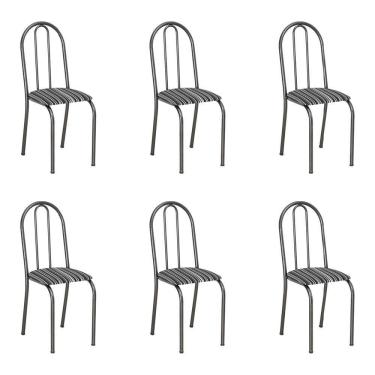 Imagem de Kit 6 Cadeiras De Cozinha Califórnia Estampado Preto Listrado Pés De Ferro Preto