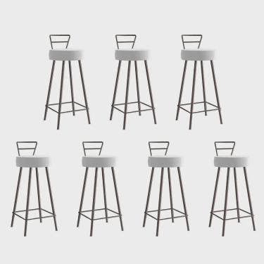 Imagem de Kit 07 Banqueta Alta Com Encosto Tina Eiffel Cozinha Bar Bistrô Ferro Marrom Sintético Branco - Ahz Móveis