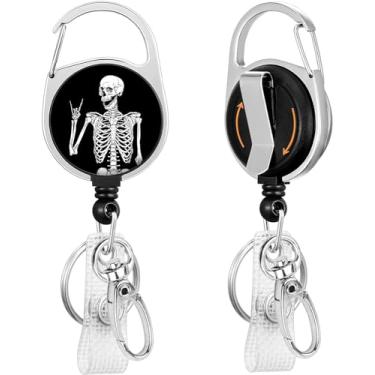 Imagem de FIORDY Porta-crachá de caveira de rocha retrátil resistente com mosquetão giratório de 360° clipe de cinto, clipes de crachá de identificação de nome chaveiro para trabalhador de escritório, médico,