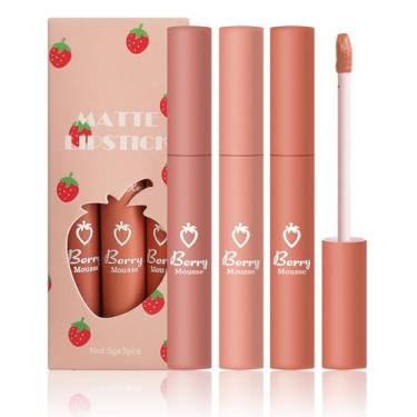 Imagem de Tiejdhr 3 batons labiais foscos nude, cor lisa de veludo, cor nude, brilho labial de longa duração e nutritivo, batom antiaderente para maquiagem feminina (conjunto A, F)