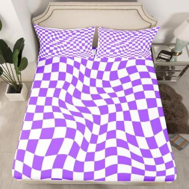 Imagem de Jogo de cama Queen geométrico quadriculado infantil, xadrez, geométrico, patchwork, decoração de quarto de meninos e meninas, arte moderna, simples, roxo, sonhador, lençol com elástico, 2 fronhas (sem