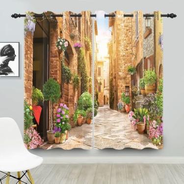 Imagem de Cortinas de janela de rua da Itália Europa Village Town Paisagem Edifícios Flores Coloridas Pedra Pedra Casa Itália Cidade Rural Blackout Grommets Cortinas de Janela para Sala de Estar Sala de Jantar