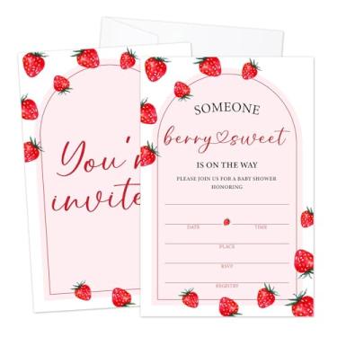 Imagem de LWBEO Convites de chá de bebê Berry & Sweet com envelopes para meninas, conjunto de 25 morango e arco rosa convites de preenchimento dupla face para anúncio de bebê revelação de gênero, lembrancinha