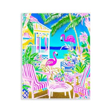 Imagem de Stupell Industries Arte de placa de parede de flamingos vívidos em praia tropical, design de Jess Stempel, 28 x 35 cm