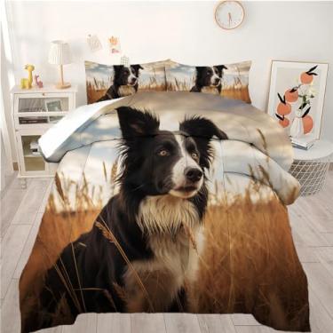 Imagem de AyPoint Jogo de cama casal com estampa de cachorro Border Collie Dog in The Wheat Field, 3 peças, 1 edredom e 2 fronhas (casal, cachorro)
