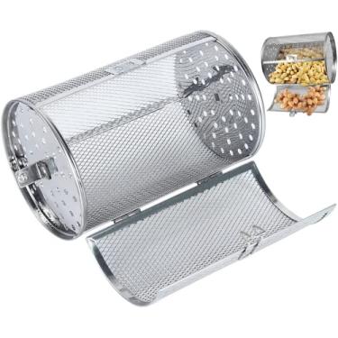 Imagem de Cesta de churrasco, prateleiras de forno de aço inoxidável rotativas de 360 graus, tambor de torrefador para assar, nozes de cozimento, grãos de café, flor, chá, ferramenta para churrasco