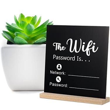 Imagem de Outus Placa de madeira com padrão de WiFi, placa estilo quadro-negro, decoração de peça central, placa emoldurada de madeira para negócios domésticos, 21 x 21 cm (tema de senha WiFi)