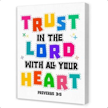 Imagem de Arte de parede com versículo bíblico para crianças, Provérbios 3:5 Trust in the Lord with All Your Heart Arte de parede em tela com escrituras religiosas, decoração de parede cristã inspiradora para