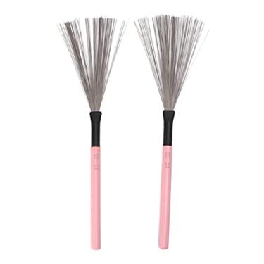 Imagem de Escovas de bateria, 1 par de escovas de aço para baquetas com cabo de madeira para jazz, rock, acústico, esc ovas de percussão portáteis para bateristas, iniciantes na prática (Rosa)