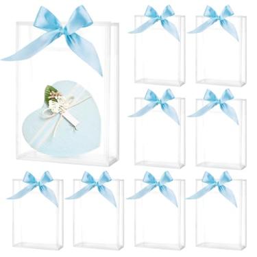 Imagem de ZJHiome Pacote com 8 sacolas de plástico transparentes para presentes com laço de fita reutilizável PP para festa de casamento de Natal (azul)