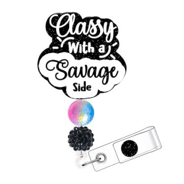 Imagem de Horee Carretel de crachá retrátil com clipe jacaré, porta-cartão de identificação de enfermeira de acrílico com glitter, design engraçado brilhante preto (elegante com um lado selvagem)