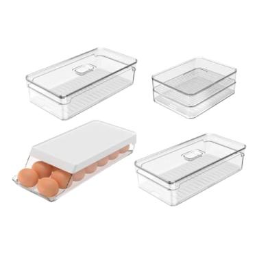 Imagem de Kit 4 Organizadores De Geladeira Clear Fresh: Porta Ovos 14un, Porta Frios e 2 Potes