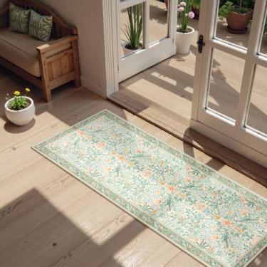 Imagem de Morebes Boho Tapete floral lavável para banheiro 61 x 152 cm, antiderrapante, macio com flores baixas, botânico, tapete interno para entrada de lavanderia, entrada, quarto, dormitório, hall de