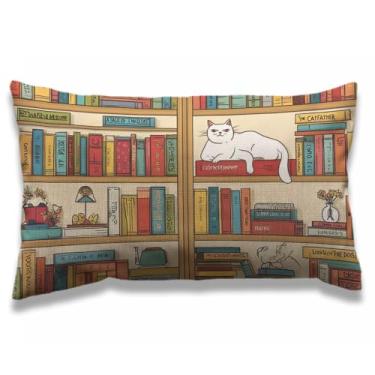 Imagem de Capa de almofada AOYEGO para livro 30,48 x 50,8 cm Nerd Book Lover Cat Sleeping Over Bookshelf in Library Boho Design Fronhas retangulares Capa de almofada de linho de algodão decorativo para sofá de cama