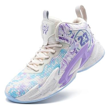 Imagem de Tênis de basquete masculino de cano alto com suporte de amortecimento de malha respirável e sola antiderrapante Equipamento de basquetebol(Beige-purple,43 BR)
