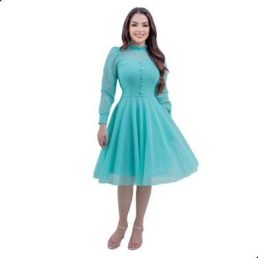 Imagem de Vestido Feminino Midi de Festa Social Rodado Mangas Longa Acinturado M