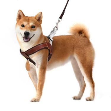 Imagem de Peitoral para cães de poliéster e couro genuíno com tiras refletivas, colete leve com suporte AirTag para cães de tamanho médio, peitoral ajustável para filhotes com coleira, peitoral e coleira para