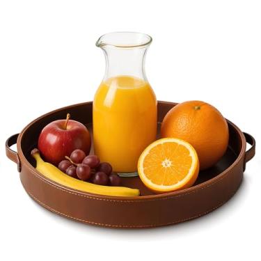 Imagem de Bandeja de couro redonda costurada com alça de couro ideal para servir café, bebidas, bandeja otomana para escritório, casa, cozinha, balcão de lanches, armazenamento de mesa central (marrom claro