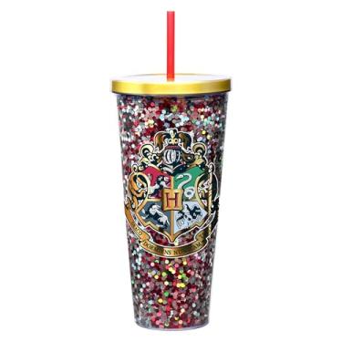 Imagem de Spoontiques - Copo de acrílico preenchido com glitter - Copo de glitter com canudo - 946 ml - Tampa de bloqueio de aço inoxidável com canudo - Isolamento de parede dupla - Sem BPA - Hogwarts