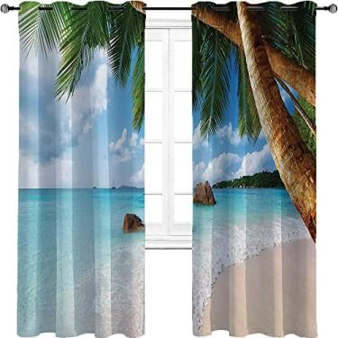 Imagem de Cortina blackout de praia com ilhós, palmeiras verdes, água azul clara, areia, exótica, litoral, rochas e colinas à distância, cortina de isolamento de cozinha com tratamento de sombreamento total, L