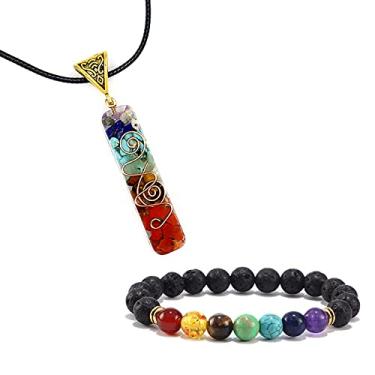 Imagem de COLORFUL BLING Colar com pingente de pedra preciosa Chakra Om com pingente de pedra vulcânica, conjunto de pulseira de pedra vulcânica, prosperidade, riqueza, dinheiro, fortuna, energia positiva