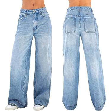 Imagem de Jeans Boyfriend De Cintura Baixa Para Mulheres, Calças Jeans Azul Retas De Perna Larga Y2k Dos Anos 90, Blue, M