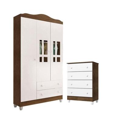 Imagem de Cômoda Gaveteiro E Guarda Roupa Ariel Branco Acetinado Amadeirado - Carolina