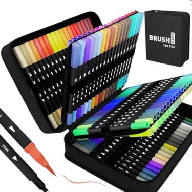 Imagem de Canetas Marcadoras Brush Pens com Dupla Ponta, 100 Cores (Ponta Fina e Pincel) – Marcadores Artísticos para Crianças e Livros de Colorir para Adultos, Não Vaza a Tinta (100 cores)