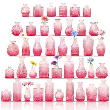 Imagem de Conjunto de 40 vasos de vidro, pequenos vasos de vidro rosa a granel, mini vaso de flores vintage em relevo para casamento, centros de mesa, festa de aniversário, chá de bebê, decoração de mesa para