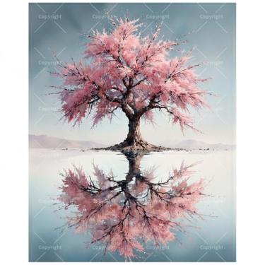 Imagem de Kit de pintura de árvore por números para adultos - DIY rosa flor de cerejeira com pintura reflexiva de água em tela 40,6 x 50,8 cm, conjunto de tinta acrílica, adequado para iniciantes, arte para