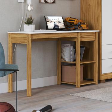 Imagem de Escrivaninha Mesa de Estudo 1 Gaveta em MDF Popy Móveis Peroba - Branco Brilho/Amendoa