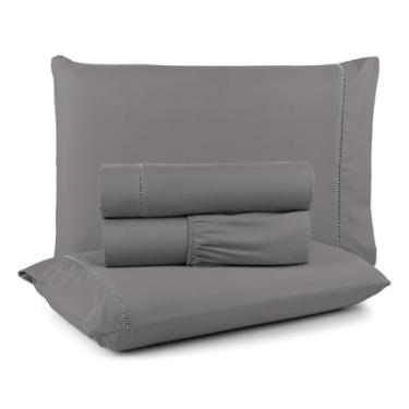 Imagem de Jogo de Lençol Queen Box com Elástico, 400 Fios Micropercal, 3 Peças com Ponto Palito, Cinza, 198x158x30cm (Cinza)