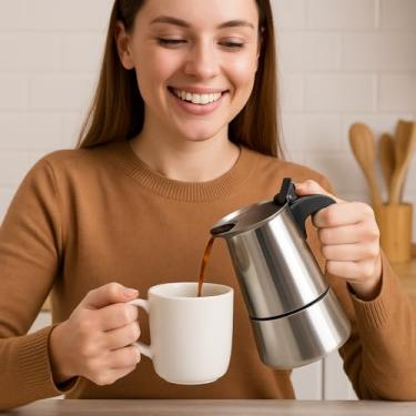 Imagem de Caféteira Italiana Inox Premium Para 4 Xícaras, Capacidade De 200ML, Desenvolvida Em Aço Inox, Design Moderno E Sofisticado, Cabo De Baquelite UTIMAIS+