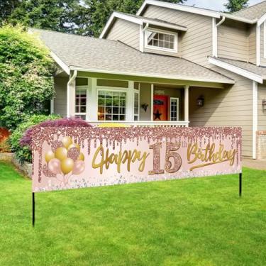 Imagem de Excelloon Decorações de faixa de aniversário de 15 anos para meninas, rosa dourado rosa feliz 15 aniversário quintal banner suprimentos de festa, sinal de fundo de aniversário de 15 anos para