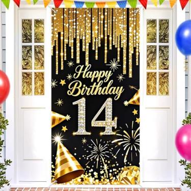Imagem de HOMETITUTE Capa de porta de aniversário de 14 anos 178 x 89 cm, faixa de aniversário preta e dourada para decorações de festa, número de diamante, placa de fundo para meninas, meninos, adolescentes
