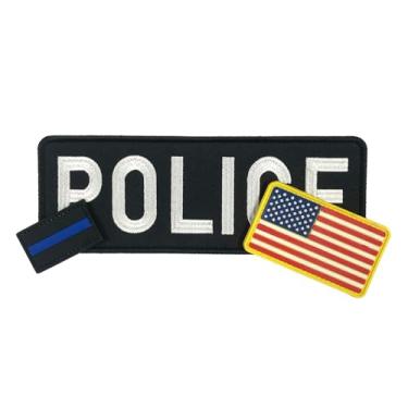 Imagem de uuKen 3 peças de adesivos bordados policiais 21,5 x 7,5 cm com fecho de gancho nas costas para coletes e mochilas (3 peças, preto, bandeira, patch azul fino)