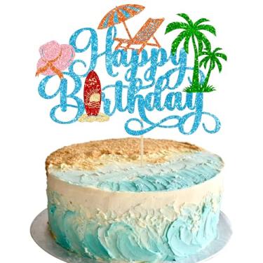 Imagem de Gyufise 1 peça de topo de bolo de verão praia feliz aniversário bola glitter árvore guarda-chuva piscina bolo palheta para chá de bebê festa de aniversário decoração de bolo suprimentos azul