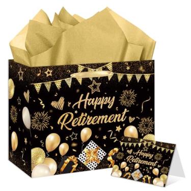 Imagem de Bolsa de presente de aposentadoria grande de ouro preto com cartão de felicitações, papel de seda, sacos de presente elegantes para mulheres, homens, aposentados, despedida de despedida, lembrancinhas