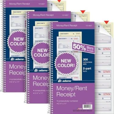 Imagem de Adams Livro de recibos para dinheiro e aluguel - 2 partes sem carbono - 13 cm x 28 cm - Livro de recibos de aluguel encadernado em espiral com cópias de carbono - 3 pacotes de 300 conjuntos por livro