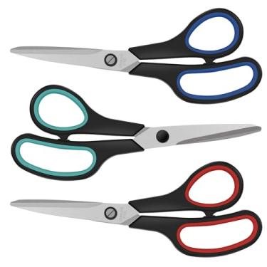Imagem de Pacote com 3 tesouras para todos os fins, tesoura afiada de aço inoxidável de 21 cm com alças ergonômicas de aderência macia, mão direita/esquerda, tesouras para escritório, escola, sala de aula