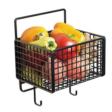 Imagem de Cesta de parede de cozinha metal único metal grande capacidade economiza cesta de armazenamento montada na parede com gancho para temperos de vegeta (Preto)