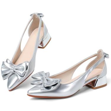 Imagem de Slingback Jane Heels for Women Low Block Heel Closed Square Toe Pump Shoes Classic Daily Office Dressy Shoes, Prata, 40