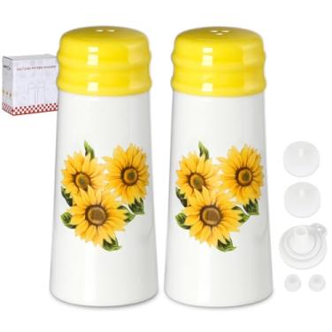 Imagem de Conjunto de saleiro e pimenteiro – Conjunto de moedor de sal e pimenta de cerâmica HAPPY KIT com tampa de silicone e funil para mesa, trailer, acampamento, churrasco, caixa de presente (girassol)