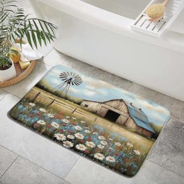 Imagem de ZZYSKS Tapete de banho rústico ocidental para moinho de vento, vintage, casa de fazenda, margarida, retrô, paisagem, paisagem, azul-petróleo, tapetes de banheiro, quarto, cozinha, banheiro, capacho 45